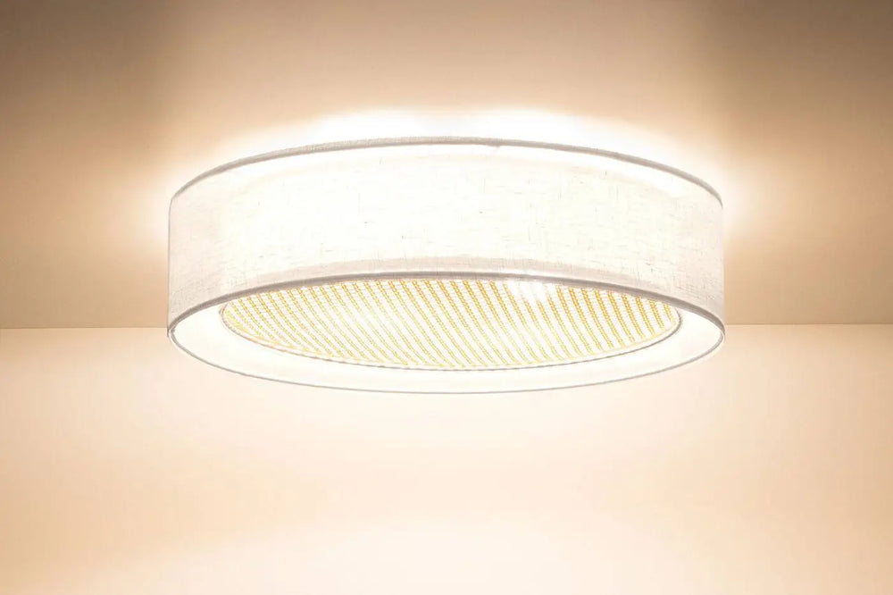 Luminaire plafonnier design en rotin naturel blanc crème avec abat-jour en tissu et panneau led à lumière douce