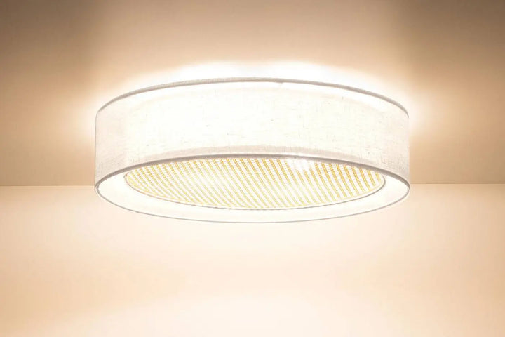 Luminaire plafonnier design en rotin naturel blanc crème avec abat-jour en tissu et panneau led à lumière douce