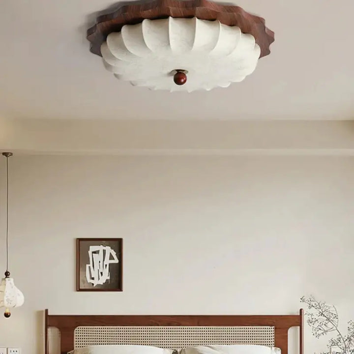 Plafonnier design en bois et tissu style lanterne vintage