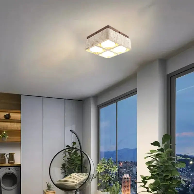 Plafonnier design carré en pierre et bois brut marron chic