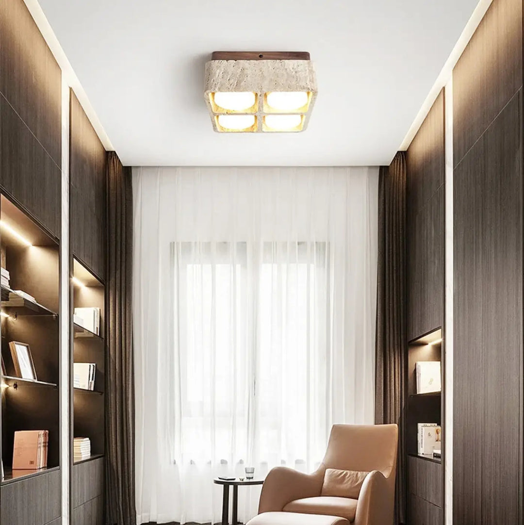 Chic Square Stone and Raw Wood Ceiling Light Fixture – Lustria