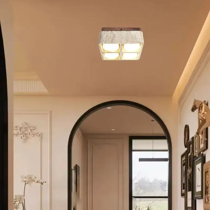 Plafonnier design carré en pierre et bois brut marron chic