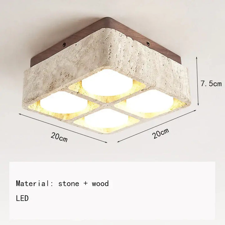 Plafonnier design carré en pierre et bois brut marron chic