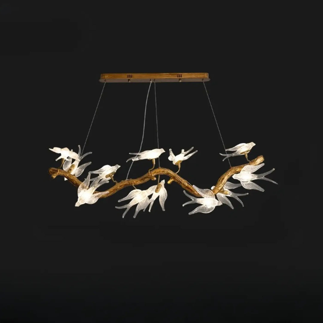 Luminaire plafonnier winglow en bois rustique orné d oiseaux en verre blanc translucide pour un éclairage décoratif