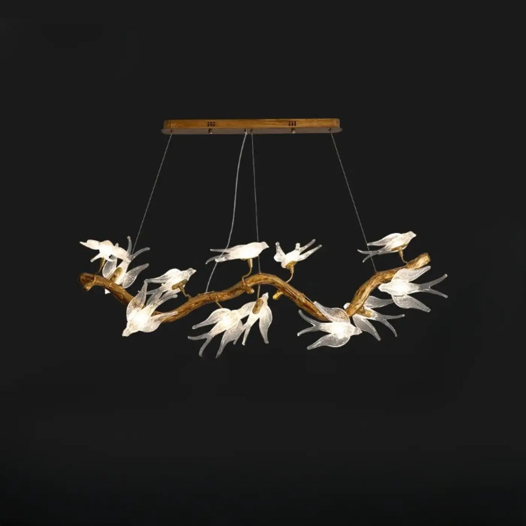 Luminaire plafonnier winglow avec branche en bois rustique et oiseaux en verre blanc translucide pour décoration naturelle