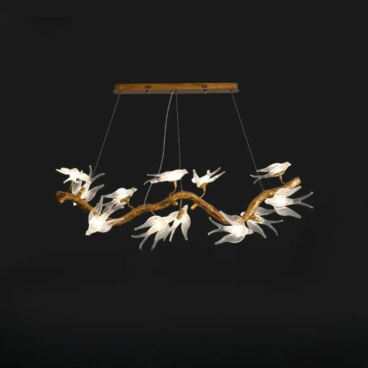Luminaire plafonnier winglow avec branche en bois rustique et oiseaux en verre blanc translucide pour décoration naturelle