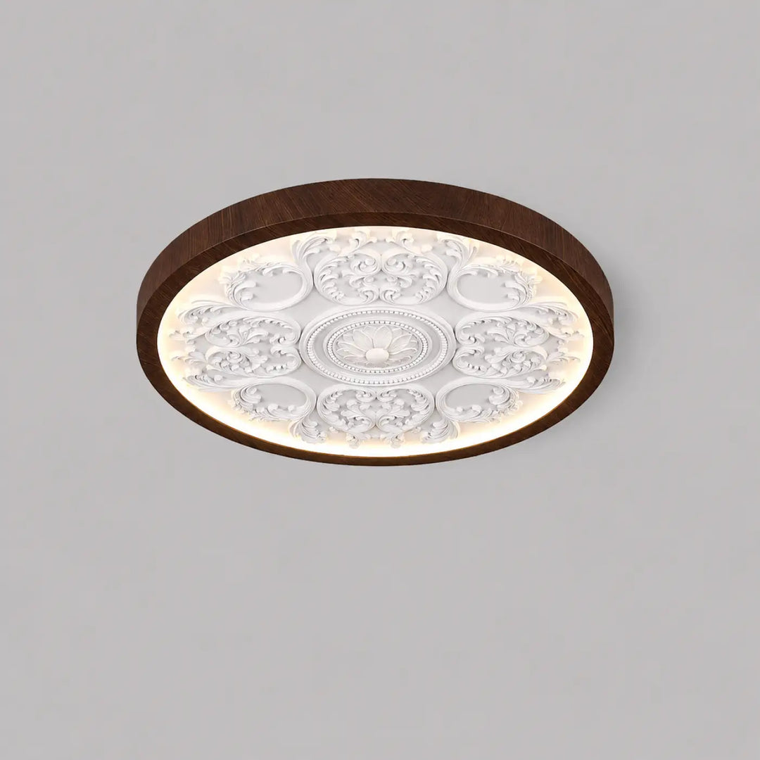 Luminaire plafonnier rostl avec cadre en bois foncé et centre en verre dépoli blanc orné de motifs floraux design rond