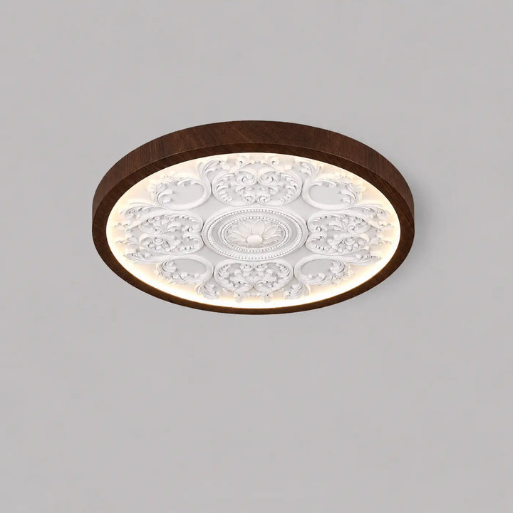 Luminaire plafonnier rostl avec cadre en bois foncé et centre en verre dépoli blanc orné de motifs floraux design rond