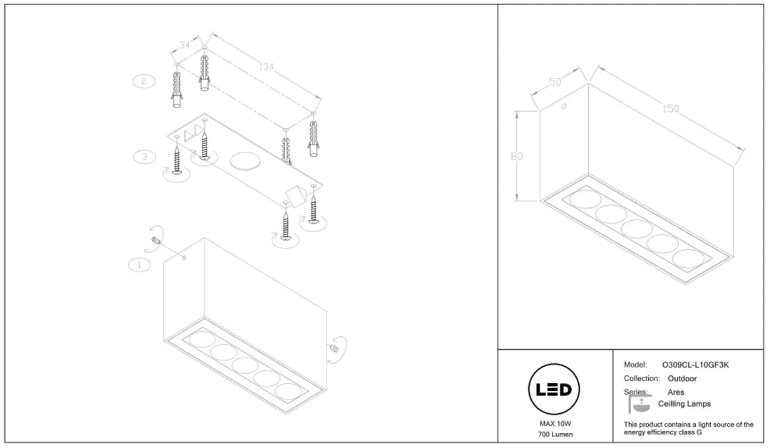 Plafonnier extérieur led ares en métal graphite avec cinq ouvertures circulaires et fixation pour long d’une galerie
