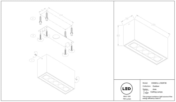 Plafonnier extérieur led ares en métal graphite avec cinq ouvertures circulaires et fixation pour long d’une galerie