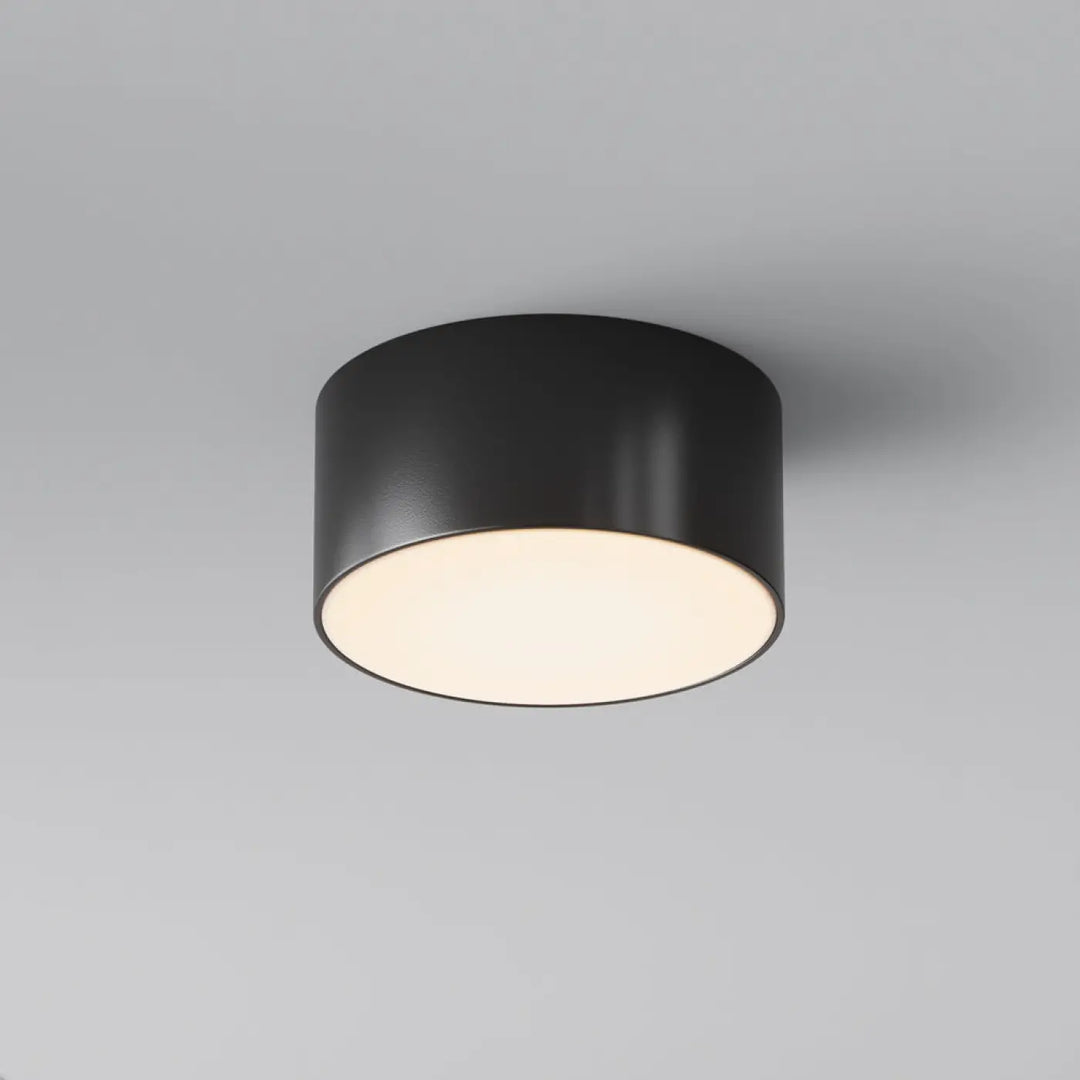Plafonnier zon extérieur led noir cylindrique avec finition mate et lumière chaude diffuse pour luminaire plafond