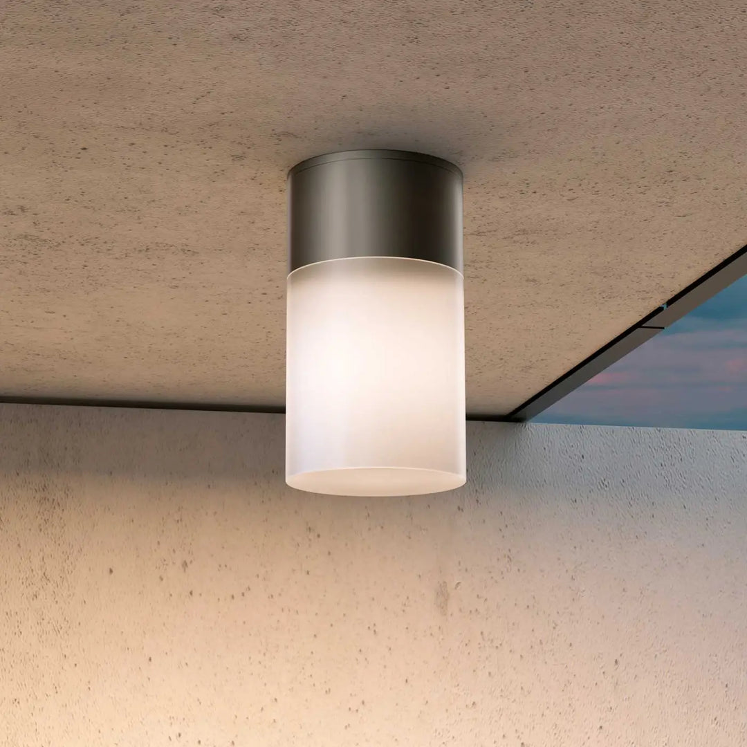Plafonnier extérieur willis cylindrique moderne avec abat-jour en verre dépoli et base métal brossé pour lumière dirigée