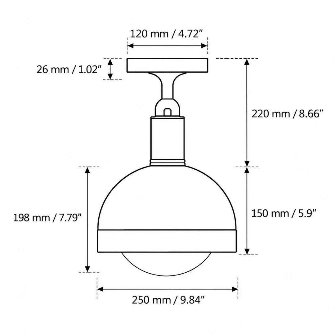 Luminaire plafonnier forked en métal massif avec abat-jour globe arrondi et tige cylindrique moderne et élégante