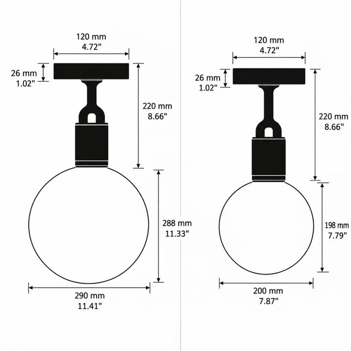 Luminaire plafonnier forked avec globe noir mat en métal massif et tige cylindrique en verre soufflé
