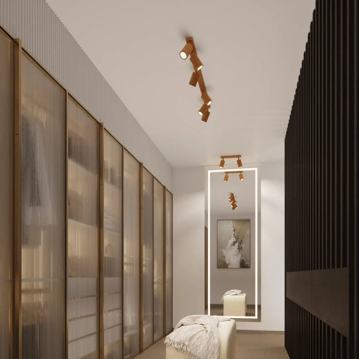 Plafonnier karbon allie design minimaliste en bois avec ampoules gu10 interchangeables et spots orientables