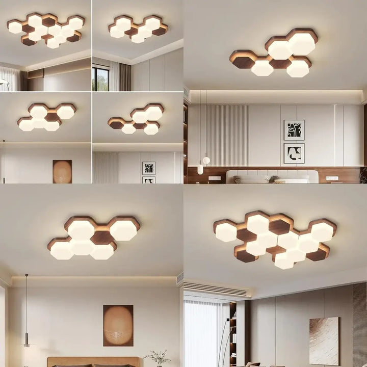 Plafonnier led design géométrique en bois moderne