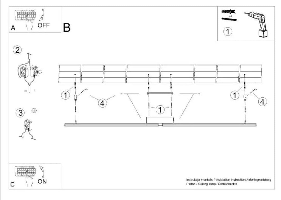 Diagram dinstallation du luminaire plafonnier lagom éclaire montrant boîtier central et plafond blanc avec supports de fixation