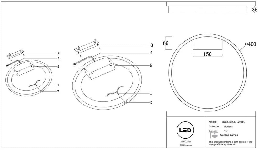 Luminaire plafonnier led rim mod058cl25bk avec anneau fin noir design circulaire moderne