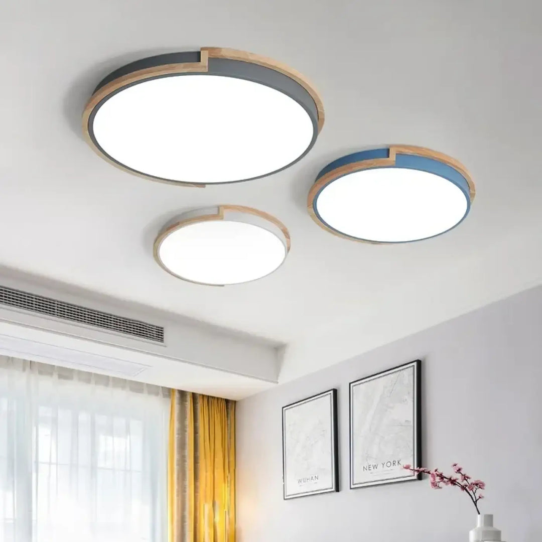 Plafonnier led rond bois et métal design moderne épuré