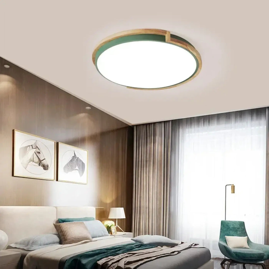 Plafonnier led rond bois et métal design moderne épuré