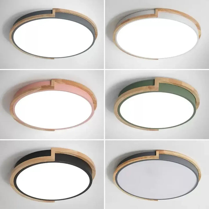 Plafonnier led rond bois et métal design moderne épuré