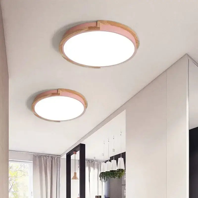 Plafonnier led rond bois et métal design moderne épuré