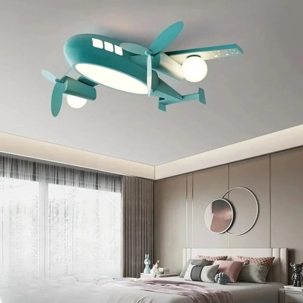 Luminaire plafonnier aeris forme avion teal avec hélices et ampoules intégrées, lumière chaude idéale chambre à coucher