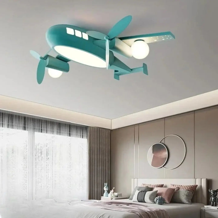 Luminaire plafonnier aeris forme avion teal avec hélices et ampoules intégrées, lumière chaude idéale chambre à coucher