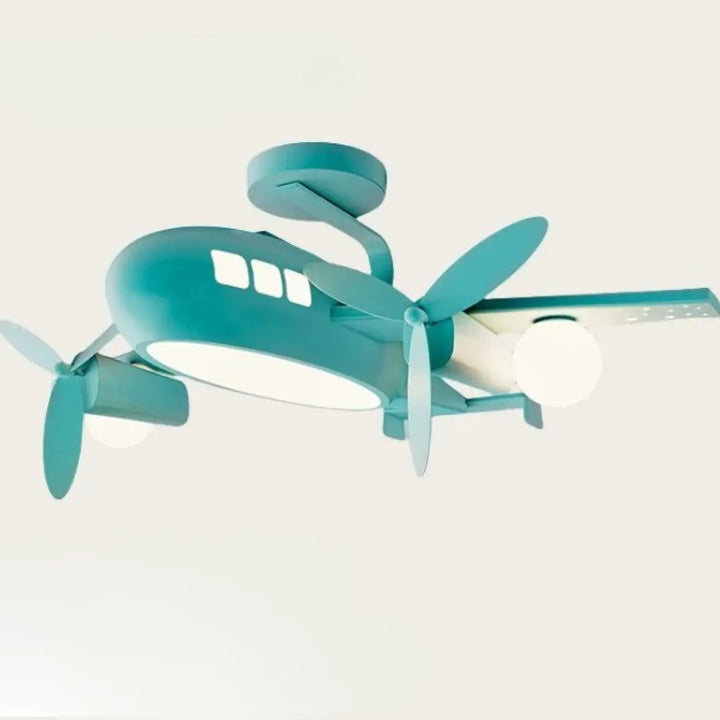 Luminaire plafonnier aeris en forme d’avion bleu sarcelle avec hélices et fenêtres lumineuses pour chambre à coucher lumière chaude