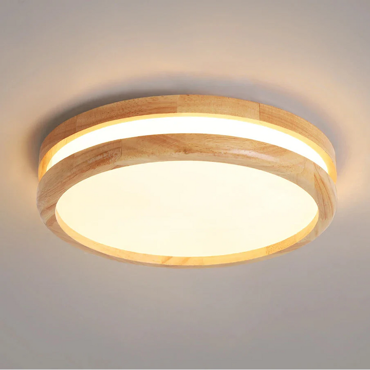 Plafonnier luminaire rond en bois clair et led