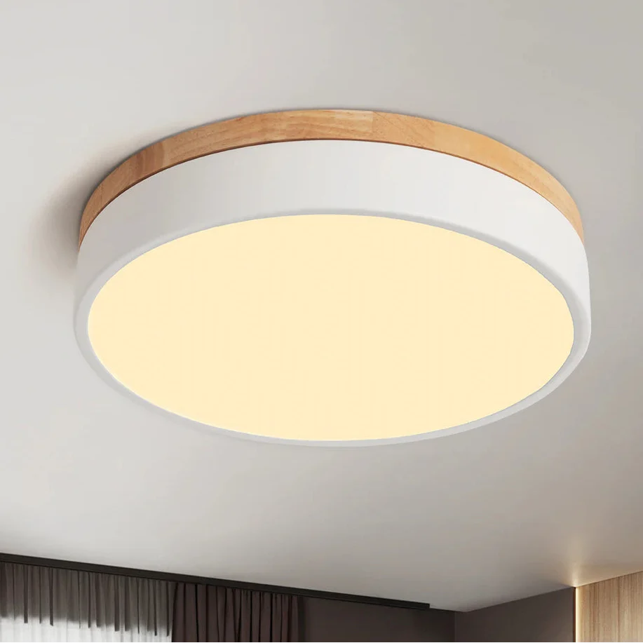 Plafonnier luminaire rond en bois clair et led