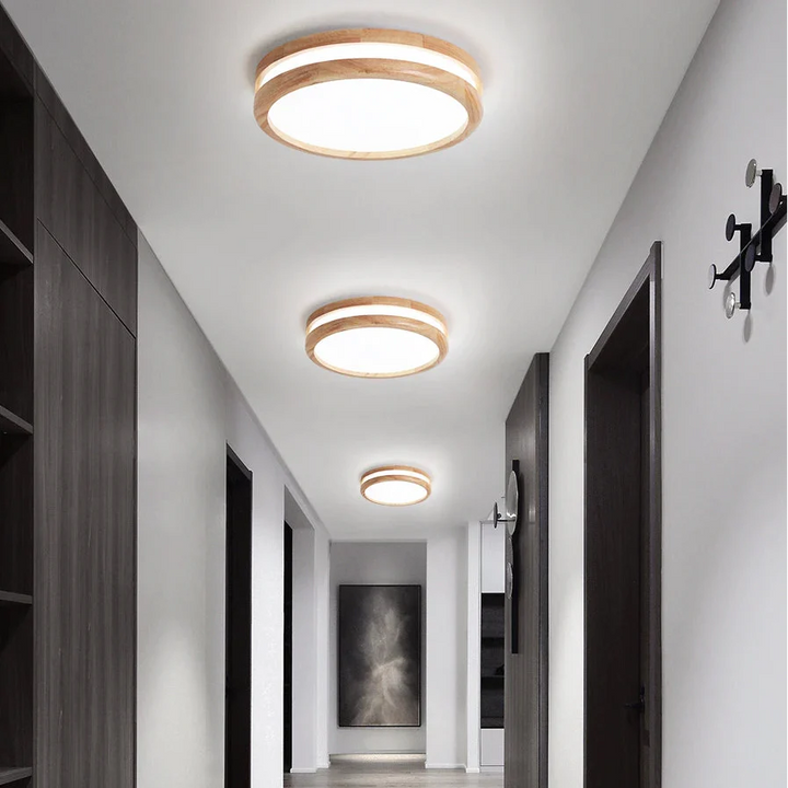Plafonnier luminaire rond en bois clair et led