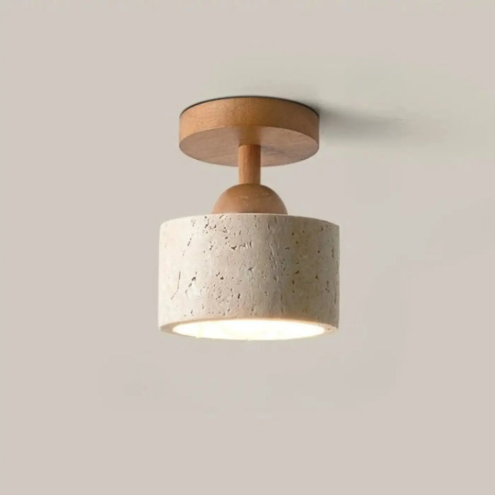 Luminaire plafonnier terris avec base en bois chaud et abat-jour en béton texturé ivoire minimaliste