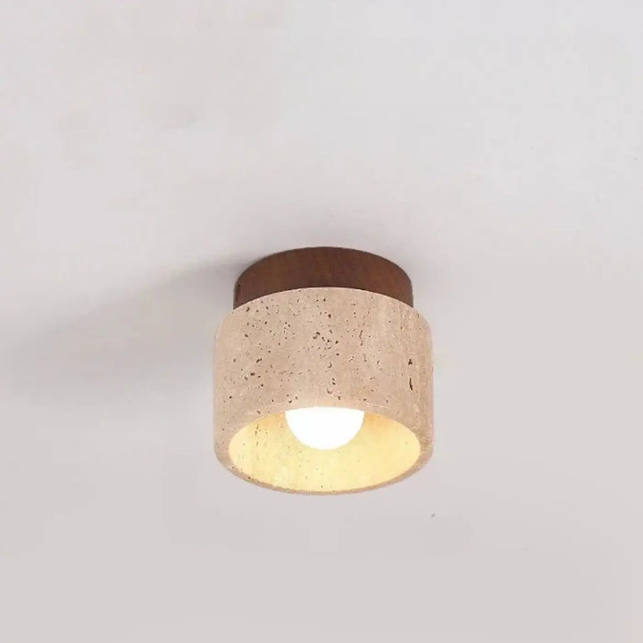 Luminaire plafonnier terris en béton rustique et bois avec ampoule chaleureuse suspendu au plafond