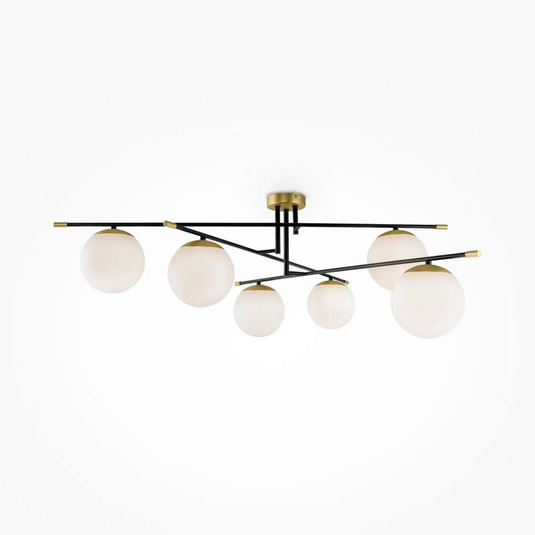 Luminaire plafonnier nostalgia xxl avec six globes en verre dépoli suspendus à une structure noire avec finitions dorées