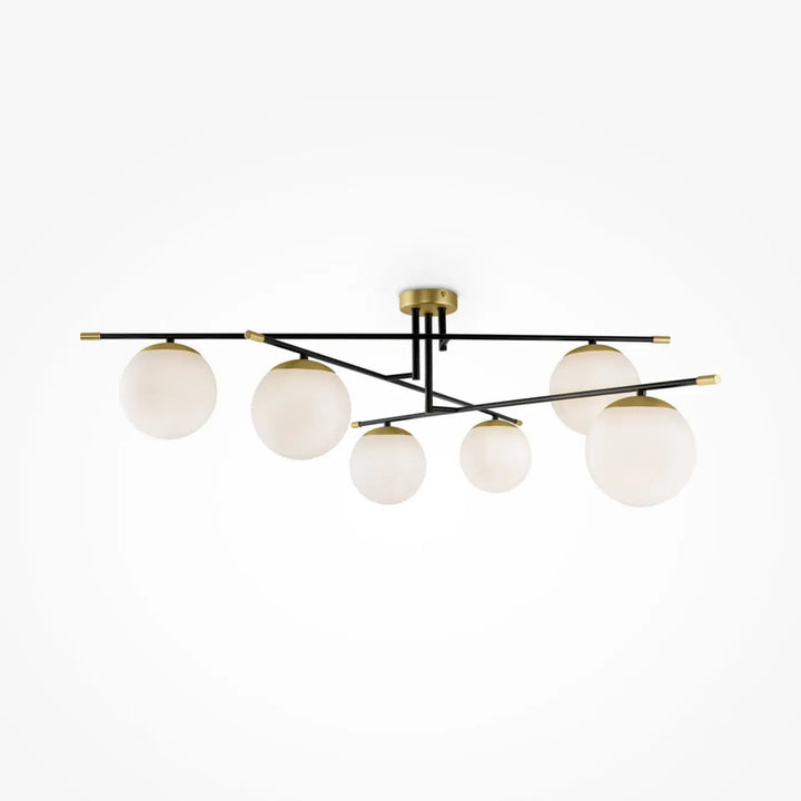 Luminaire plafonnier nostalgia xxl avec six globes en verre dépoli suspendus à une structure noire avec finitions dorées