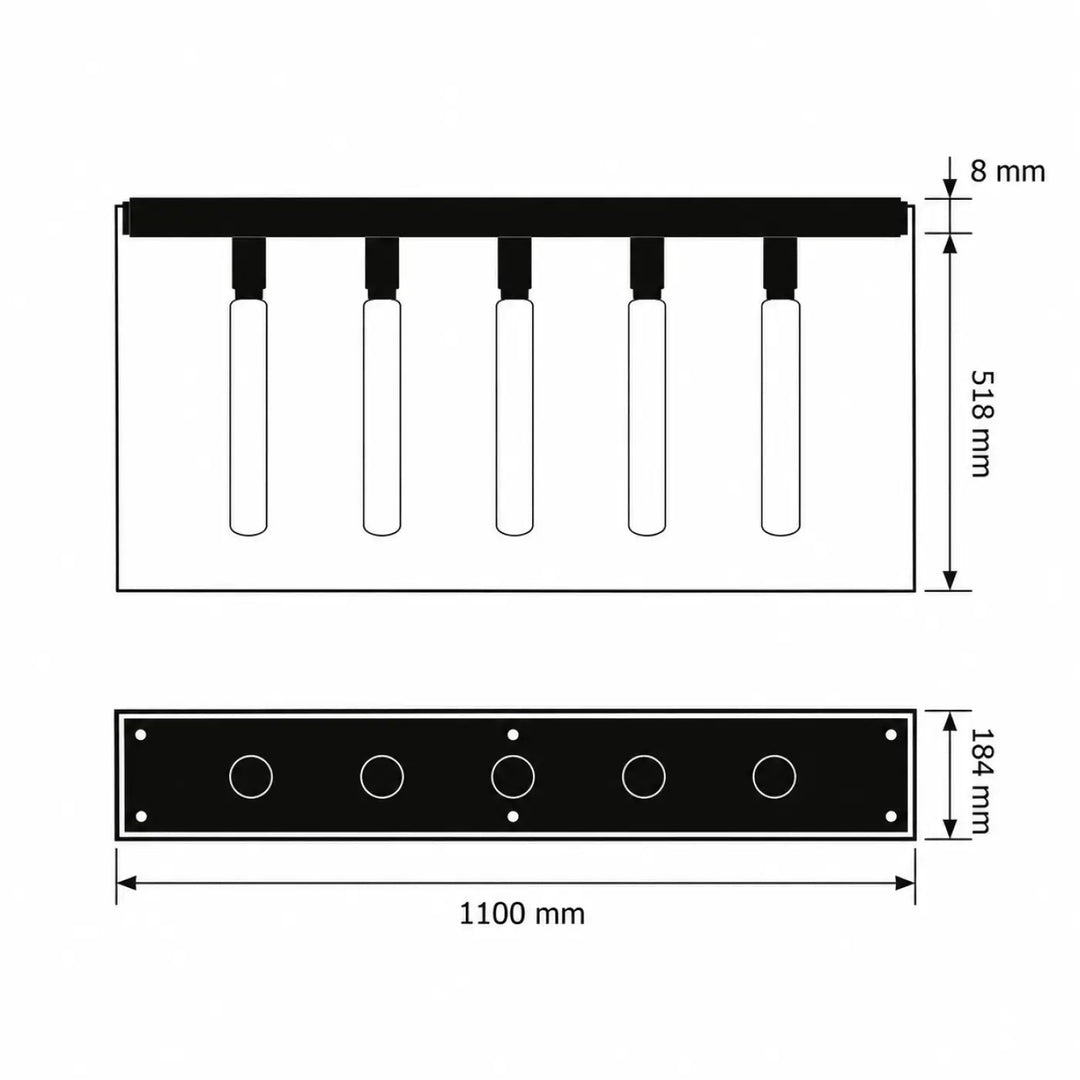 Luminaire plafonnier caged noir mat avec cinq ampoules cylindriques verticales et dimensions du matériel de montage marbre poli