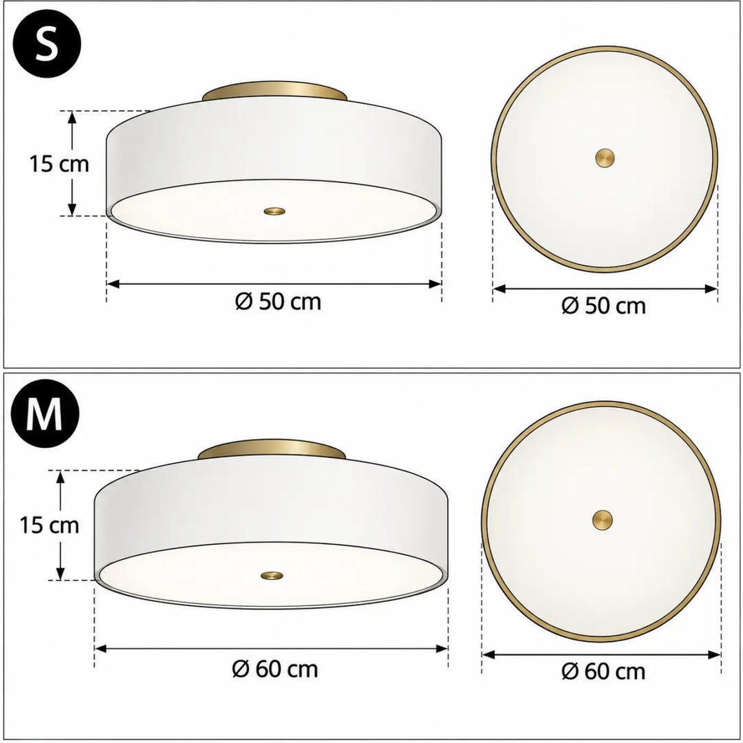 Plafonnier rond beige pu ro en tissu design élégant moderne avec bordure métallique dorée disponible en 50 ou 60 cm