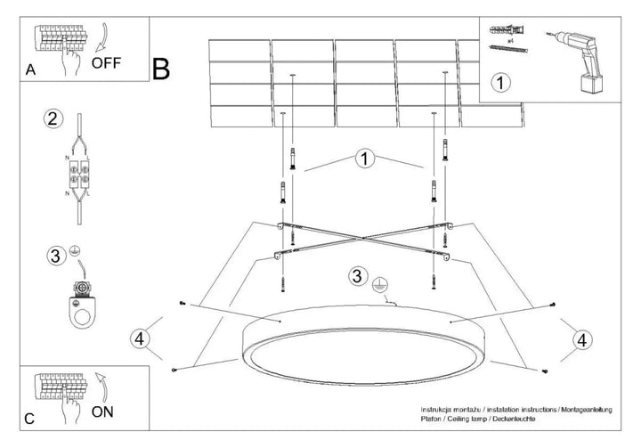 Diagramme des composants dinstallation pour luminaire plafonnier onyx 40 blanc led 3000k avec plafond rond et couleurs intemporelles