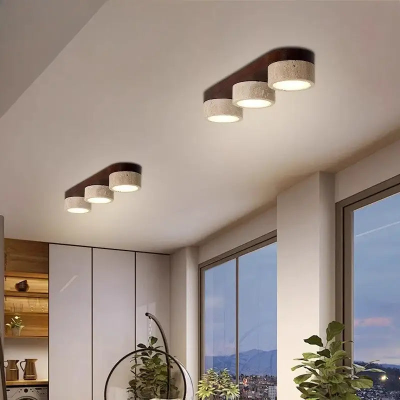 Plafonnier rond en bois et en pierre design scandinave et moderne