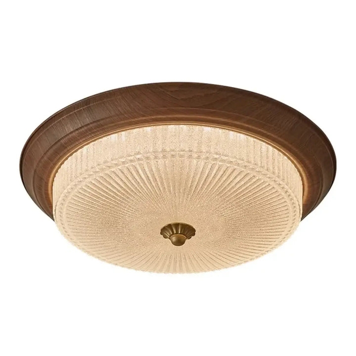 Plafonnier rond en verre texturé et finition bois naturelle