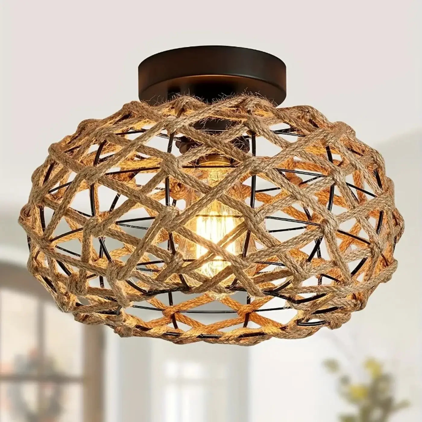 Rustic Ceiling Light in Rope and Metal, Bohemian Style, Natural – Lustria