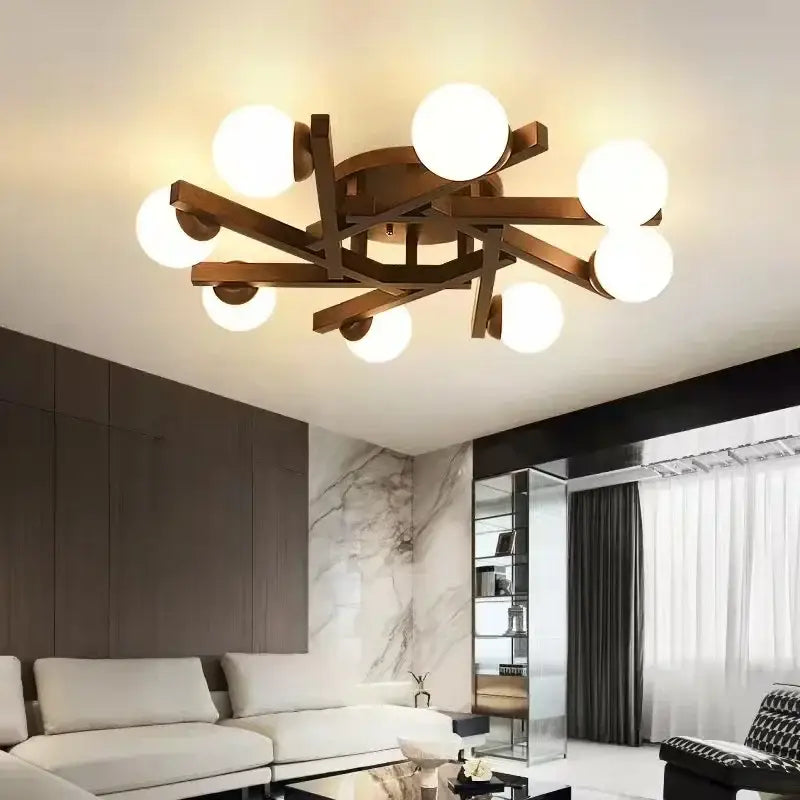 Plafonnier scandinave en bois avec globes style naturel