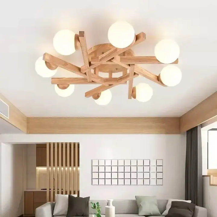 Plafonnier scandinave en bois avec globes style naturel
