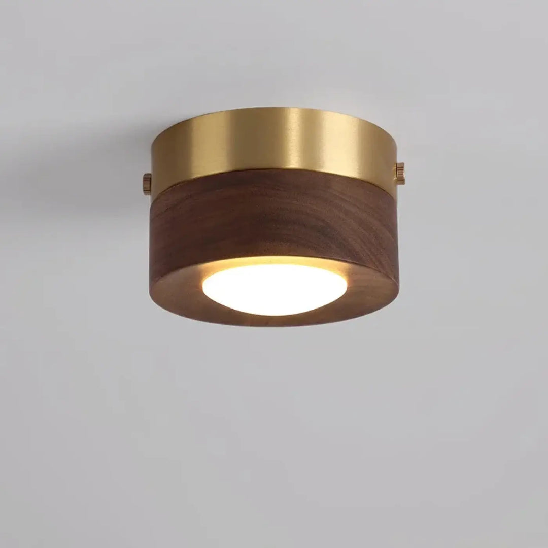 Luminaire plafonnier ulori avec finition laiton doré et base en bois naturel émettant une lumière blanche douce