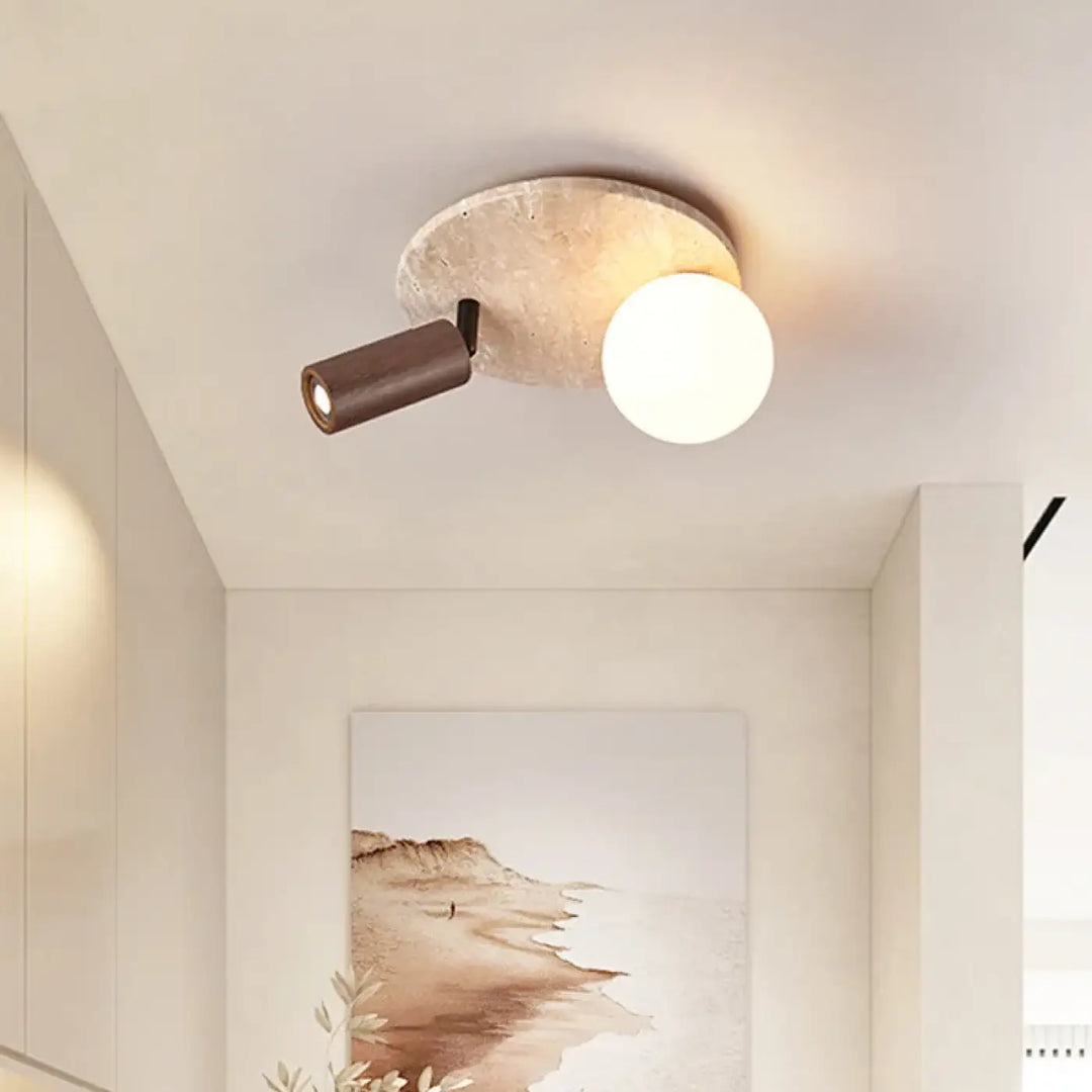 Luminaire plafonnier medier avec base en pierre terre cuite et plafonnier spot orientable en verre opalin design minimaliste