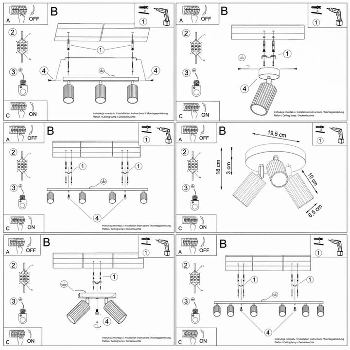 Diagrammes dinstallation pour luminaire plafonnier karbon avec spots orientables et finition mate sortie électrique intégrée