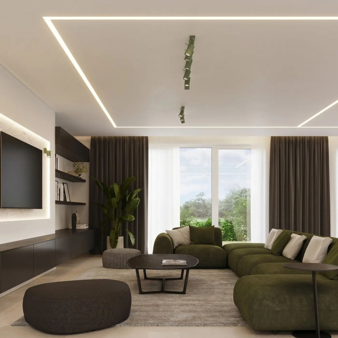 Plafonnier Ring sauge à rampe de spots orientables dans un intérieur contemporain