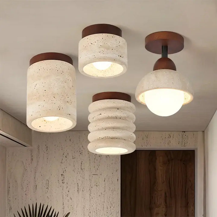 Plafonnier en travertin avec finition en bois design élégant