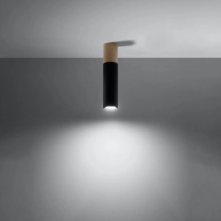 Plafonnier noir/bois naturel allumé